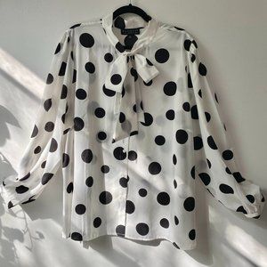 Eloquii Black & White Polka Dot Tie Front Bow Blouse Top Size 24